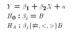 $$\eqalign{ &Y = \beta_1 + \beta_2 X + u\cr &H_0: \beta_j = B \cr &H_A: \beta_j \{\ne,<,>\} B\cr }$$